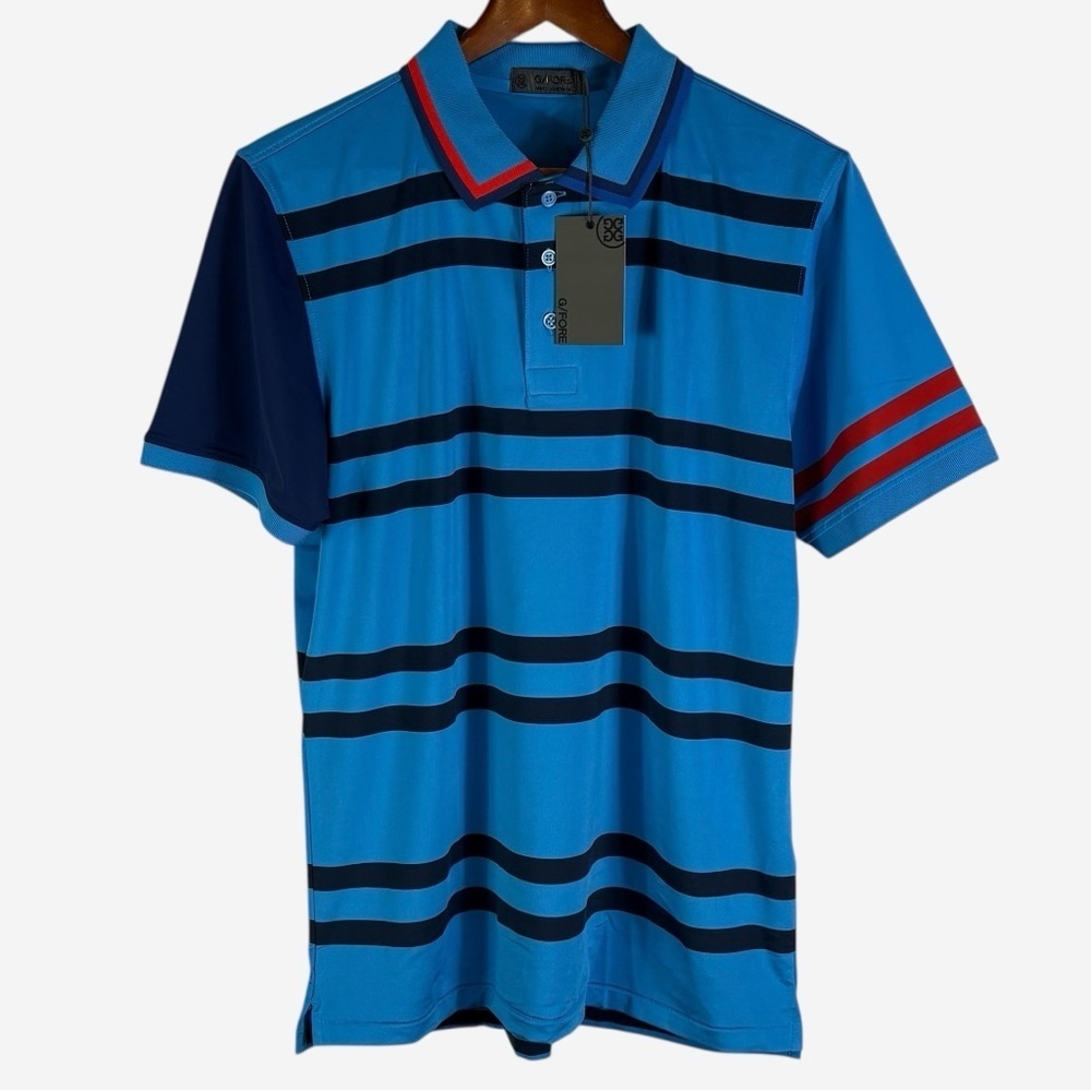 NWT G/FORE Performance Golf Polo Ibiza Striped Blue Mens Size Medium